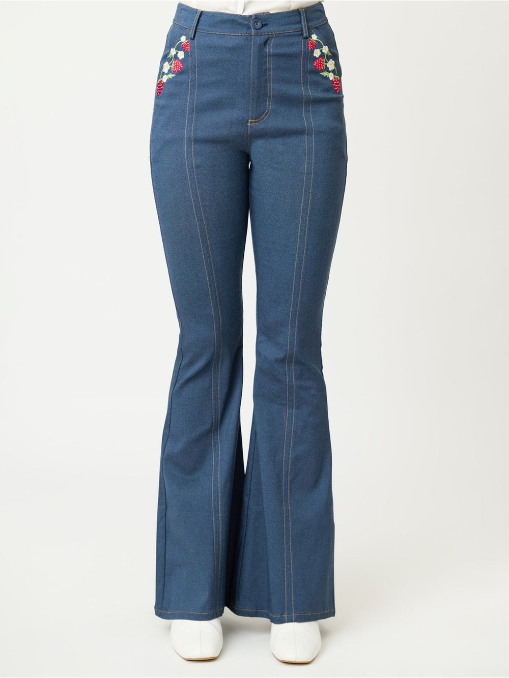 Unique Vintage Unique Vintage Denim Strawberry Embroidered Flare Pants - Picture 1 of 8